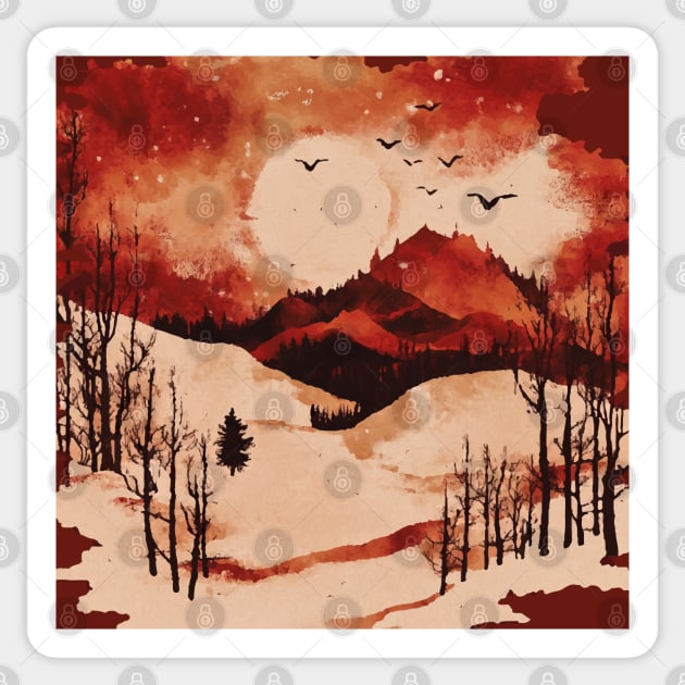 Crimson Winter - Red Vintage Landscape Sticker by TuncGK